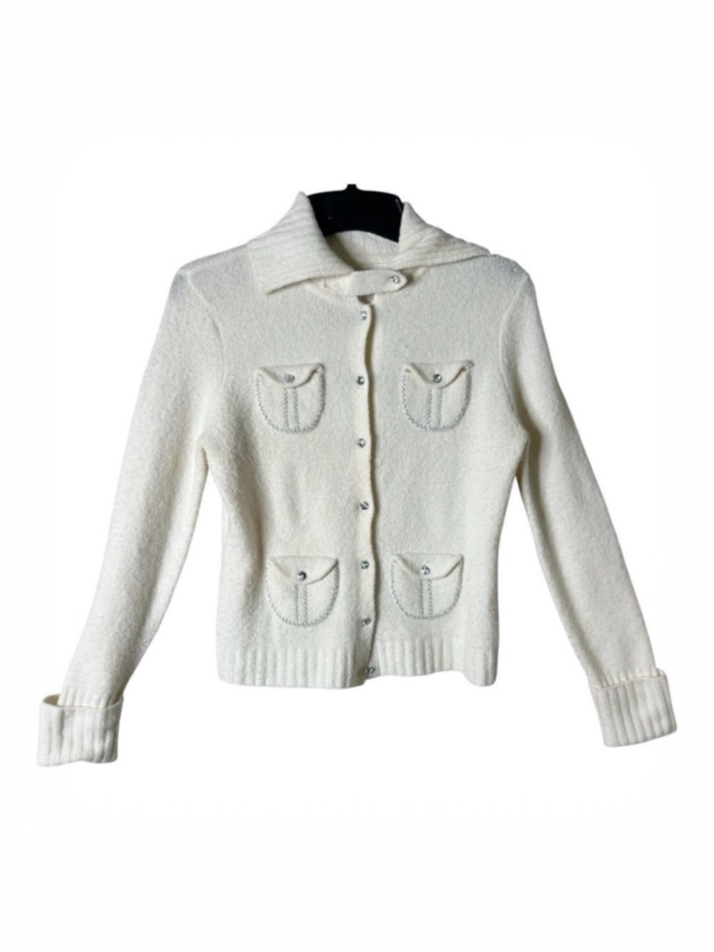 Lucidity Womens Wool Blend Cream Rhinestone Button Quiet Luxury Cardigan Large‎